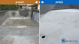 Comparaison avant et après du meulage d'une piscine, montrant une amélioration significative de la surface en béton.