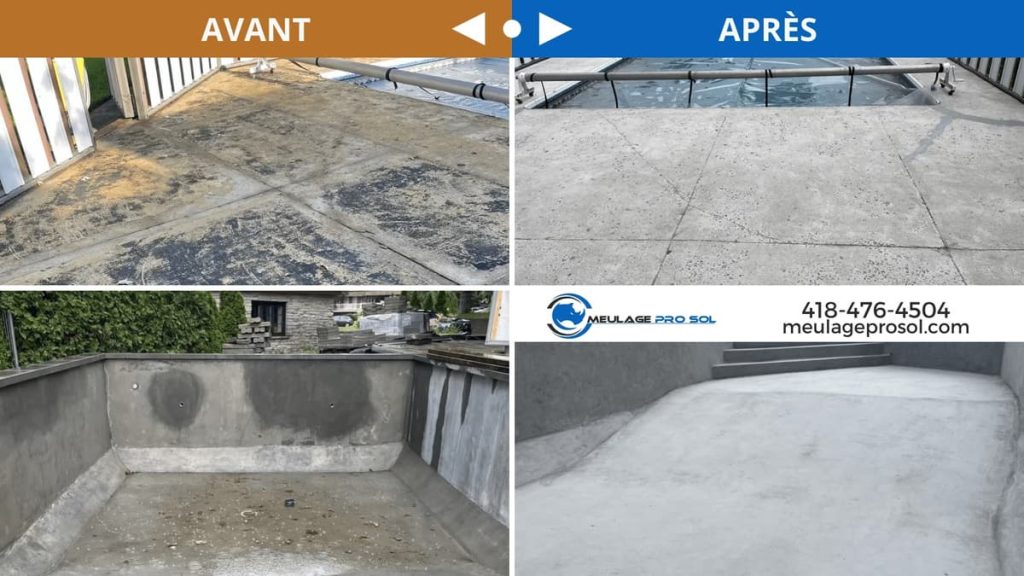 Comparaison avant et après du meulage de surfaces en béton, montrant des améliorations significatives pour les piscines.