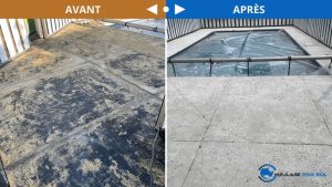 Comparaison avant et après du meulage d'une surface bétonnée, illustrant une amélioration notable de la qualité de la surface.