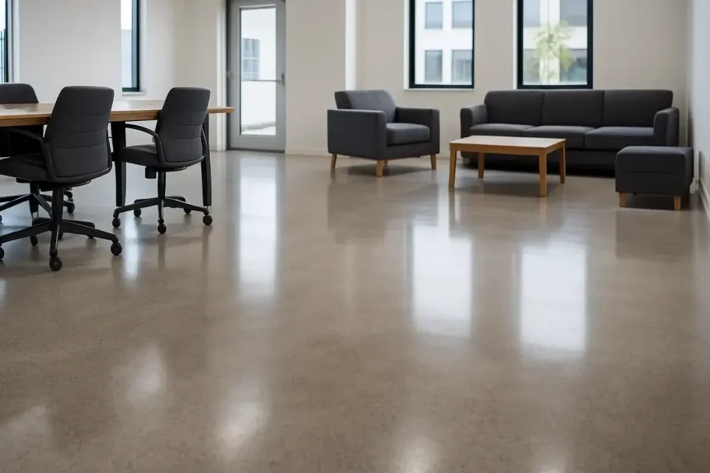 Salle de réunion avec sol en béton poli, mobilier de bureau noir et coin salon avec canapé gris et table basse en bois