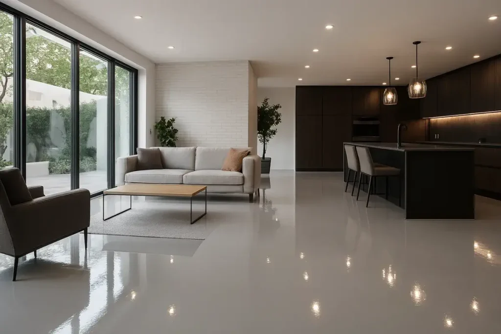 Salon contemporain avec sol en béton poli, grande fenestration, mobilier minimaliste et cuisine noire haut de gamme équipée d’îlot central